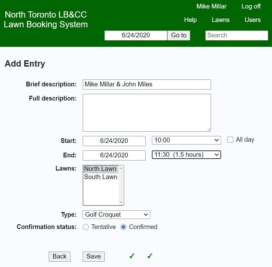 The Add Entry form with description, start and end times, lawn, type and confirmation status