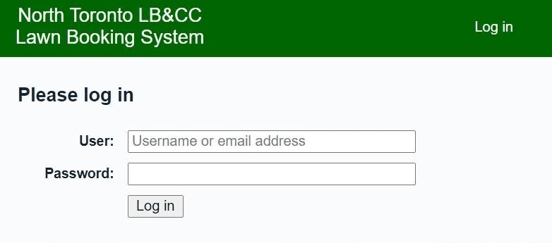 The booking system's log-in screen, with User and Password fields