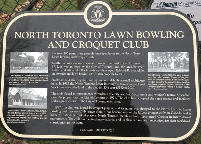 Heritage Toronto plaque for the North Toronto Lawn Bowling and Croquet Club